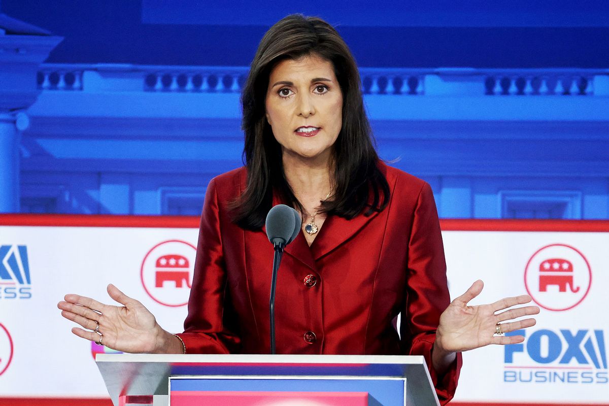Republican presidential candidate former U.N. Ambassador Nikki Haley delivers remarks during the FOX Business Republican Primary Debate at the Ronald Reagan Presidential Library on September 27, 2023 in Simi Valley, California. (Justin Sullivan/Getty Images)