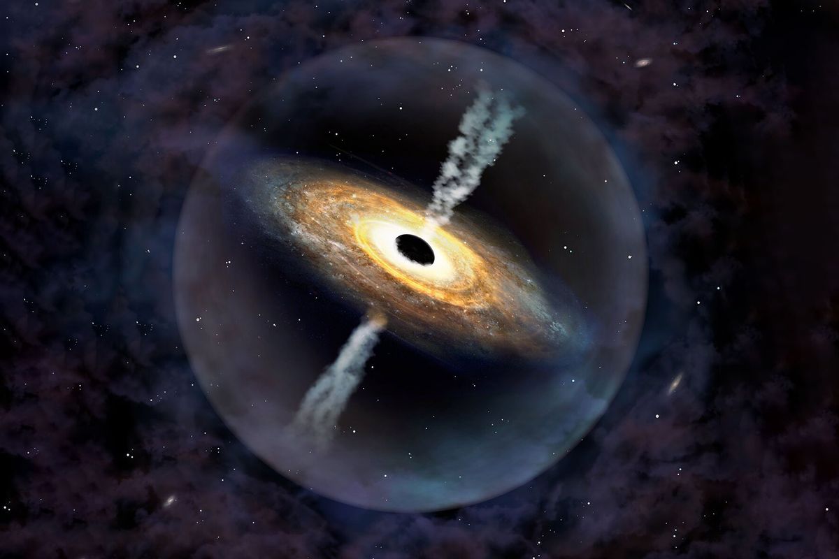 An artist’s impression of the quasar Pōniuāʻena. A quasar is a galactic object with a supermassive black hole in the center. (International Gemini Observatory/NOIRLab/NSF/AURA/P. Marenfeld/CC BY 4.0)