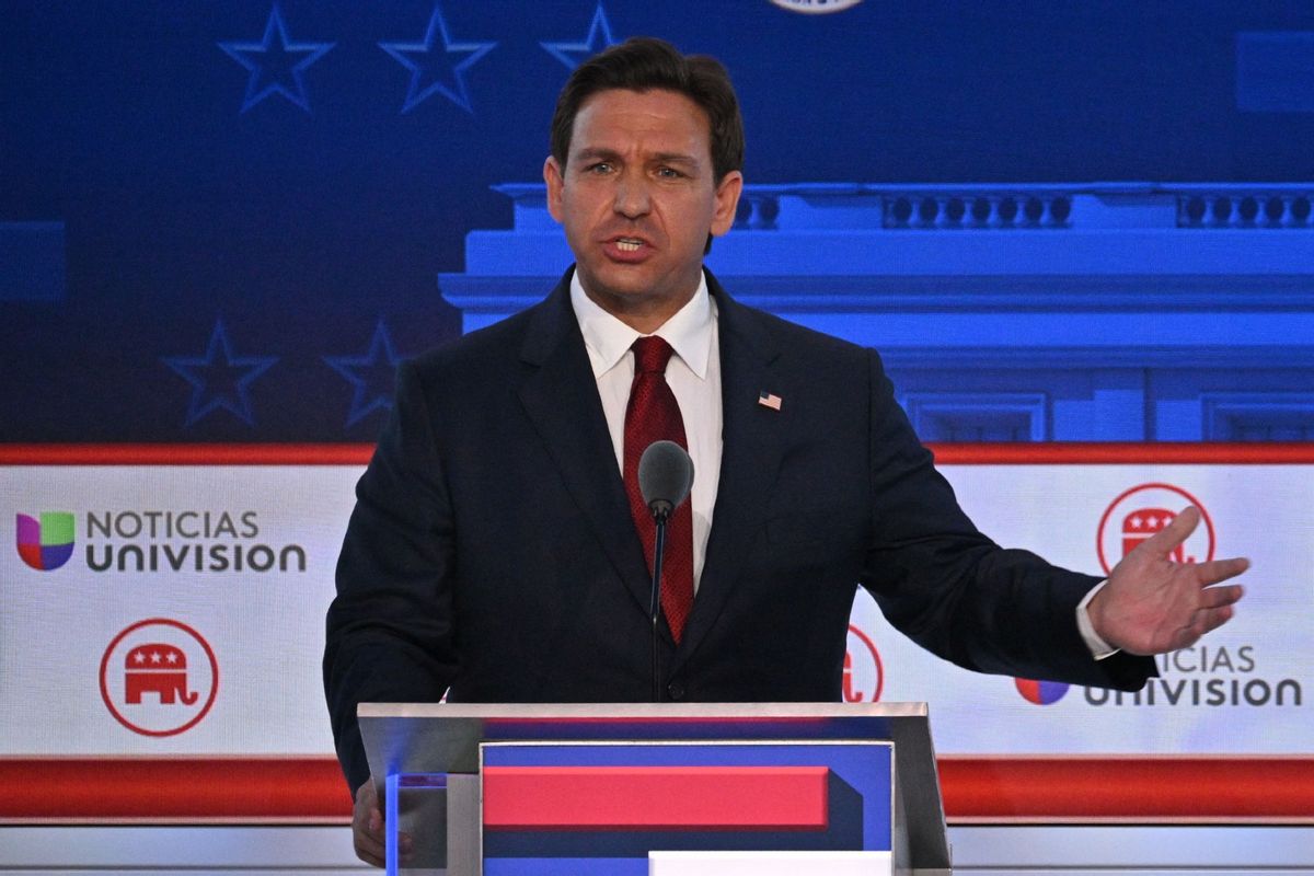 Florida Governor Ron DeSantis speaks during the second Republican presidential primary debate at the Ronald Reagan Presidential Library in Simi Valley, California, on September 27, 2023.  (ROBYN BECK/AFP via Getty Images)