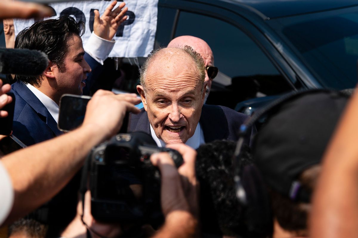 Rudy Giuliani speaks to the media after being booked at the Fulton County Jail on Wednesday, August 23, 2023 in Atlanta, GA. (Elijah Nouvelage for The Washington Post via Getty Images)