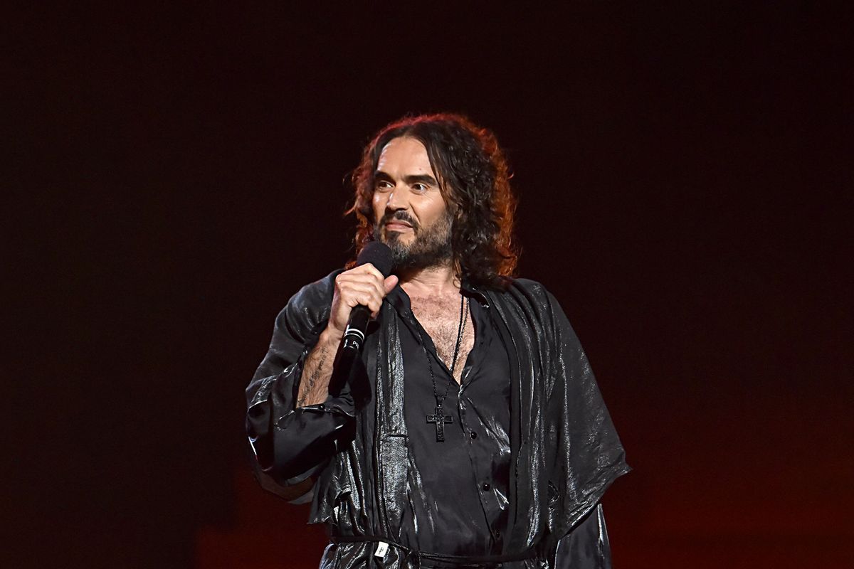 Russell Brand speaks onstage during MusiCares Person of the Year honoring Aerosmith at West Hall at Los Angeles Convention Center on January 24, 2020 in Los Angeles, California. (Lester Cohen/Getty Images for The Recording Academy)