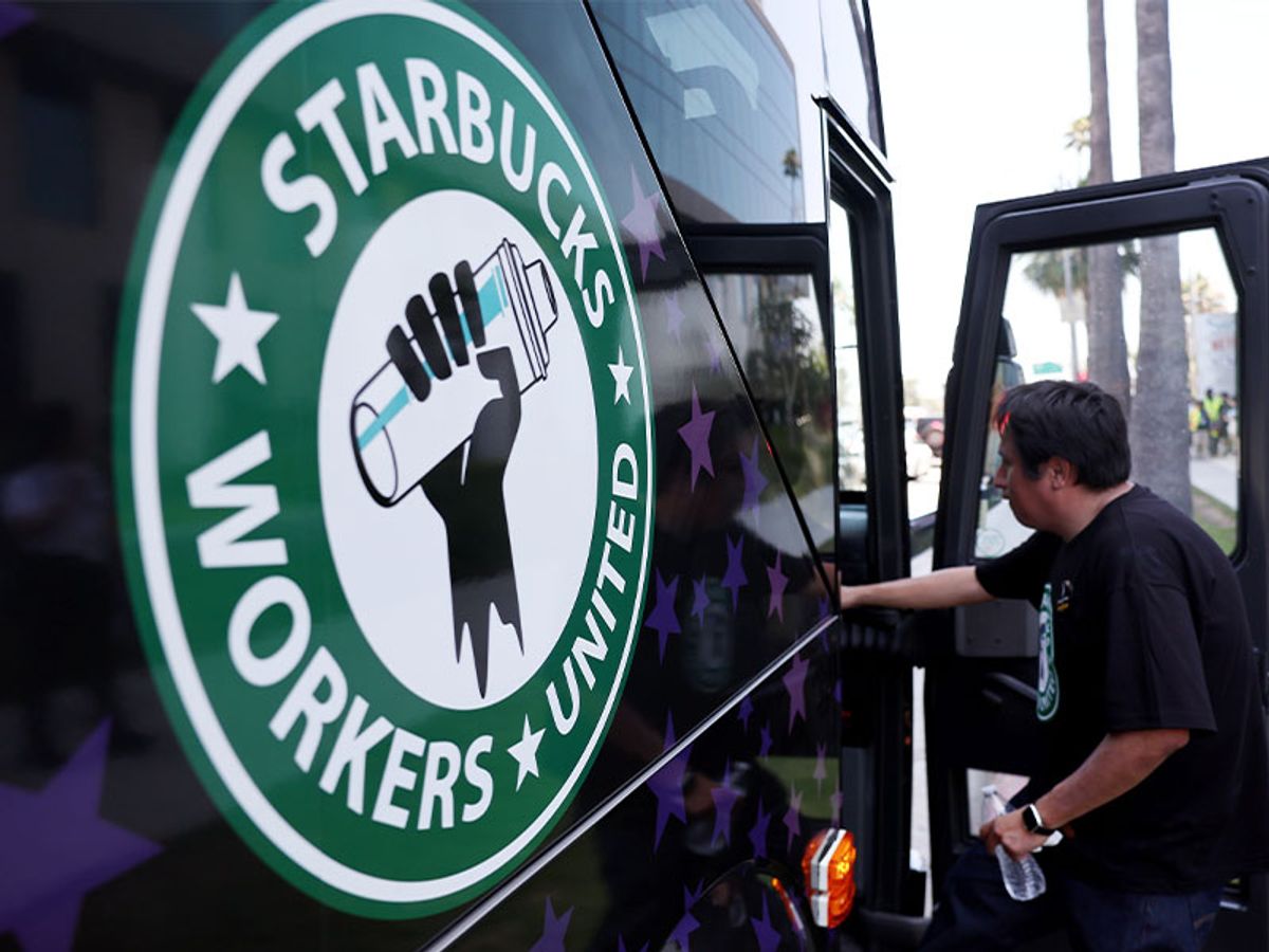 Starbucks union bus served the picket line of striking SAG-AFTRA and WGA in solidarity outside Netflix studios on July 28, 2023 in Los Angeles, California. (Mario Tama/Getty Images)