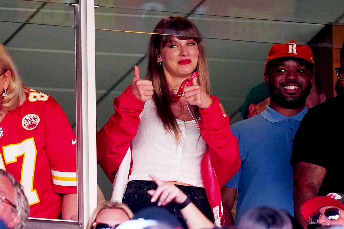 Donna Kelce and Taylor Swift are seen during the first half of a game between the Chicago Bears and the Kansas City Chiefs at GEHA Field at Arrowhead Stadium on September 24, 2023 in Kansas City, Missouri. (Jason Hanna/Getty Images)