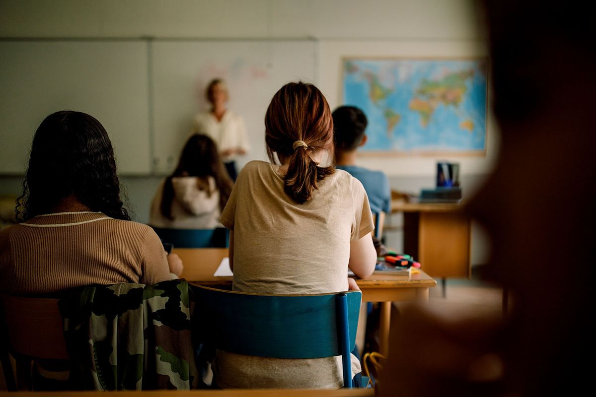 Rear view of teenage girls and boys learning in classroom (Getty Images/Maskot)