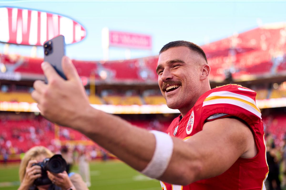 Travis Kelce #87 of the Kansas City Chiefs celebrates after defeating the Chicago Bears at GEHA Field at Arrowhead Stadium on September 24, 2023 in Kansas City, Missouri. (Cooper Neill/Getty Images)