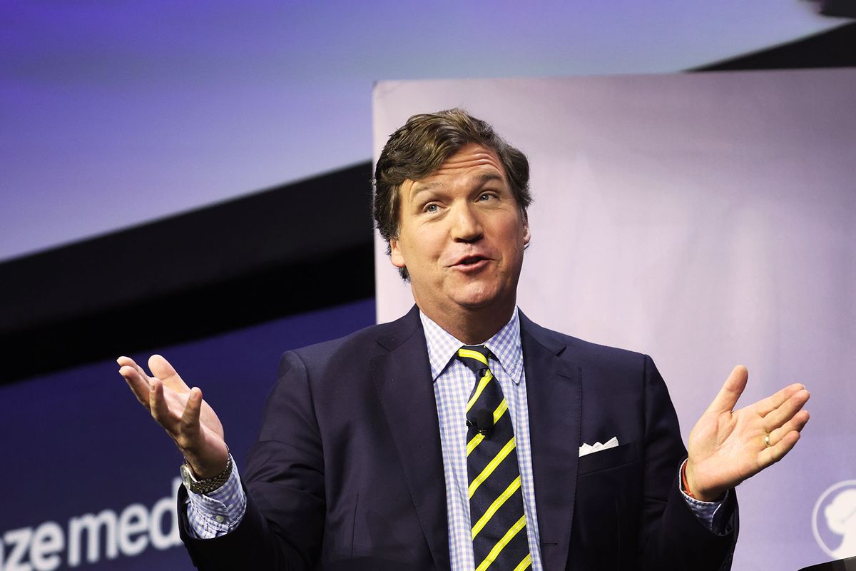 Former Fox News television personality Tucker Carlson speaks to guests at the Family Leadership Summit on July 14, 2023 in Des Moines, Iowa. (Scott Olson/Getty Images)