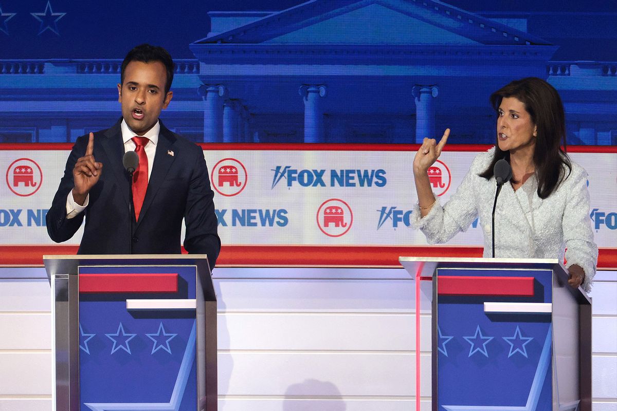 Republican presidential candidates, Vivek Ramaswamy (L) and former U.N. Ambassador Nikki Haley participate in the first debate of the GOP primary season hosted by FOX News at the Fiserv Forum on August 23, 2023 in Milwaukee, Wisconsin. (Win McNamee/Getty Images)