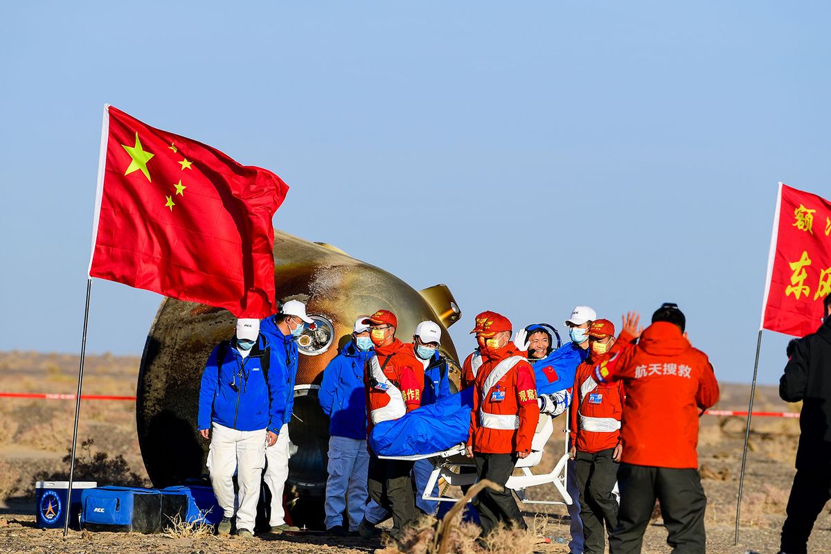 Astronaut Gui Haichao is out of the return capsule of the Shenzhou-16 manned spaceship at the Dongfeng landing site on October 31, 2023 in Inner Mongolia Autonomous Region of China. (Wang Xiaobo/VCG via Getty Images)