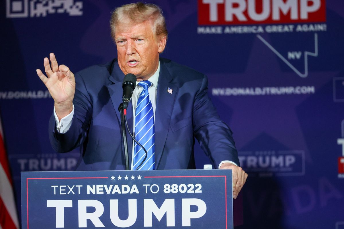 Republican presidential candidate and former U.S. President Donald Trump gestures while speaking during the Team Trump Nevada Commit to Caucus Event at Stoney's Rockin' Country on October 28, 2023 in Las Vegas, Nevada. (Ian Maule/Getty Images)