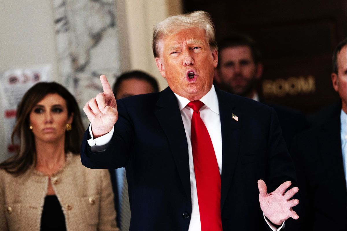 Former President Donald Trump addresses the press during a lunch break on the third day of his civil fraud trial at New York State Supreme Court on October 4, 2023 in New York City. (David Dee Delgado/Getty Images)