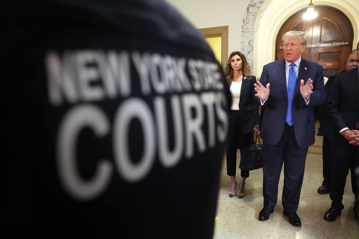 Former President Donald Trump speaks to the media as he arrives at New York State Supreme Court to start the civil fraud trial against him on October 02, 2023 in New York City. (Spencer Platt/Getty Images)