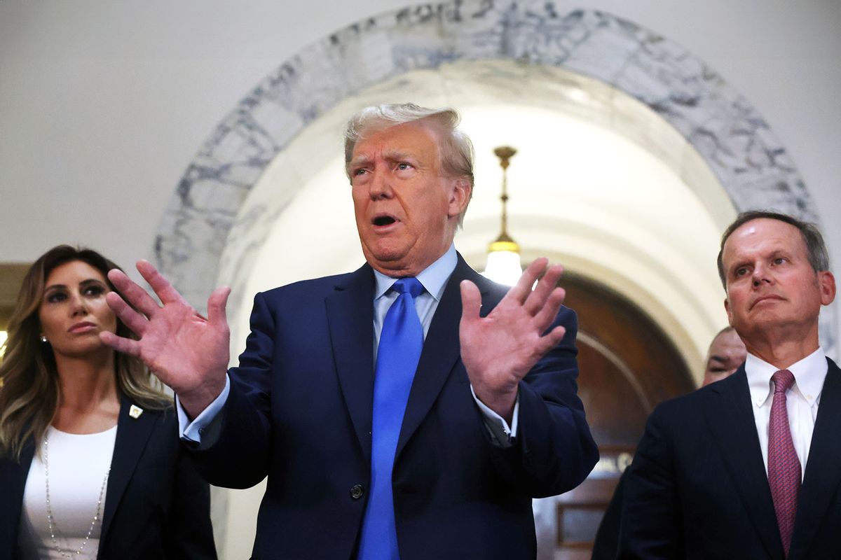 Former President Donald Trump speaks to the media as he arrives at New York State Supreme Court to start the civil fraud trial against him on October 02, 2023 in New York City. (Spencer Platt/Getty Images)