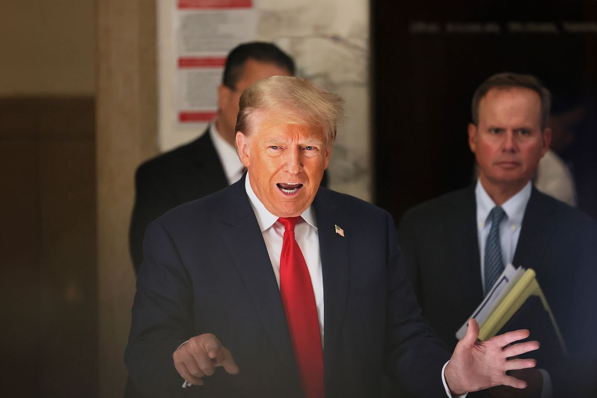 Former President Donald Trump speaks as he returns from a short break during the second day of his civil fraud trial at New York State Supreme Court on October 03, 2023 in New York City. (Michael M. Santiago/Getty Images)