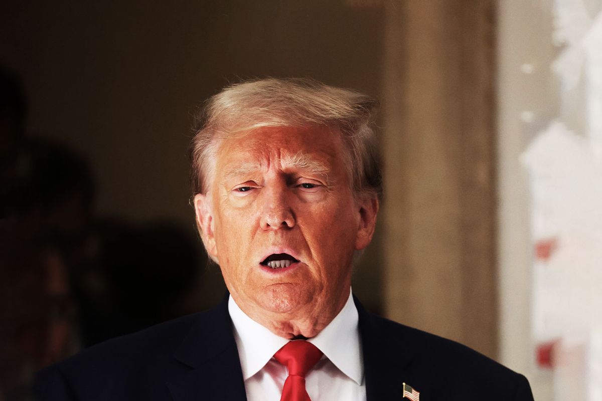 Former U.S. President Donald Trump speaks to the media at New York State Supreme court during the second day of the civil fraud trial against him on October 03, 2023 in New York City. (Spencer Platt/Getty Images)