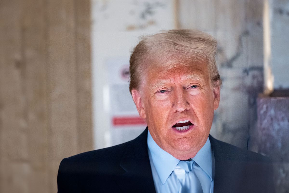Former President Donald Trump speaks to the media during a break in his civil fraud trial at New York State Supreme Court on October 18, 2023 in New York City. (Spencer Platt/Getty Images)