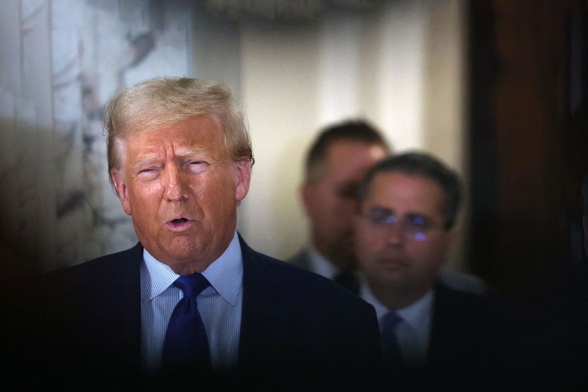 Former President Donald Trump speaks to the media at his civil fraud trial at New York State Supreme Court on October 25, 2023 in New York City. (Spencer Platt/Getty Images)