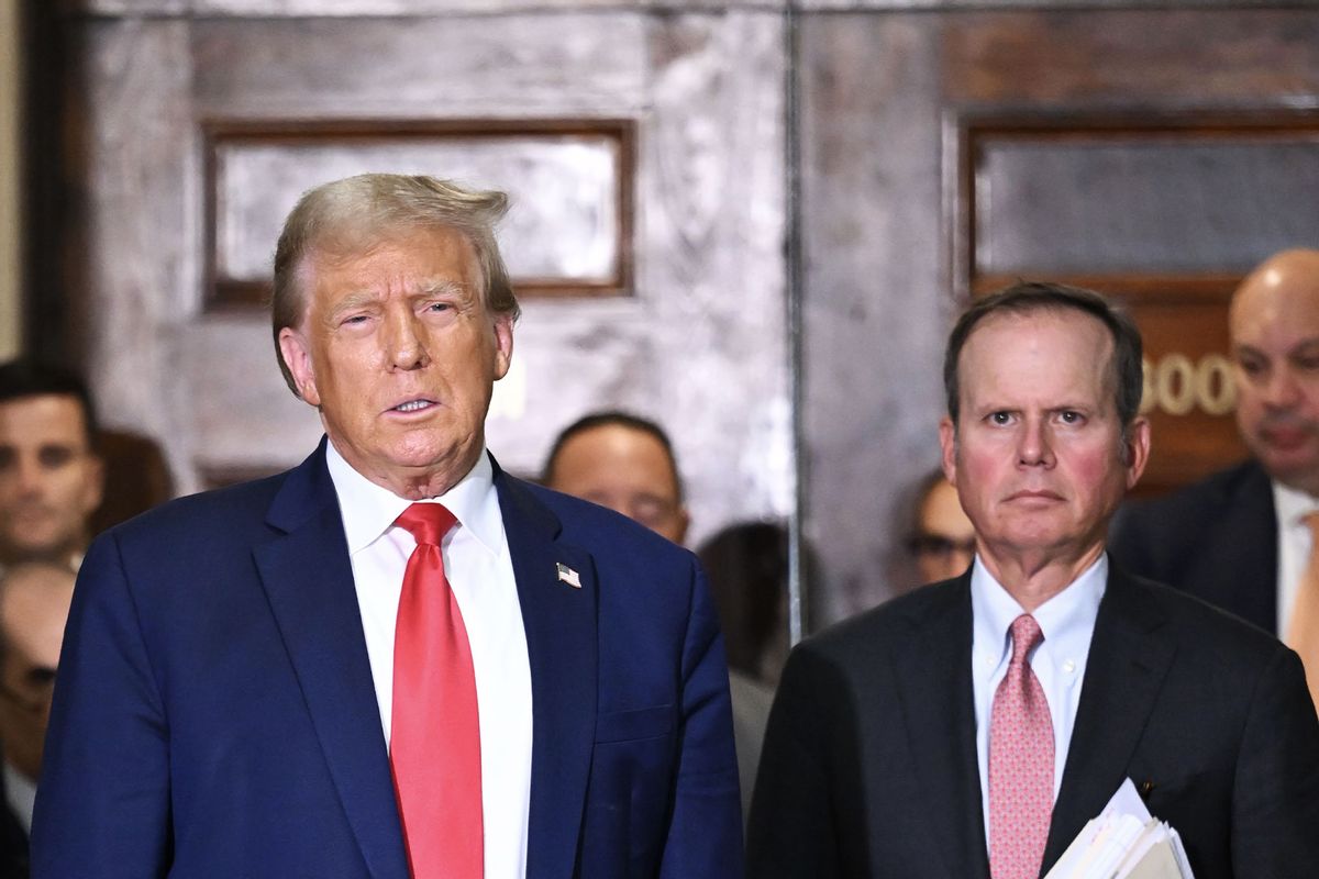 Former US President Donald Trump with lawyer Chris Kise in court on Tuesday for the third week of a civil fraud trial in New York, United States on October 17, 2023. (Fatih Akta/Anadolu via Getty Images)