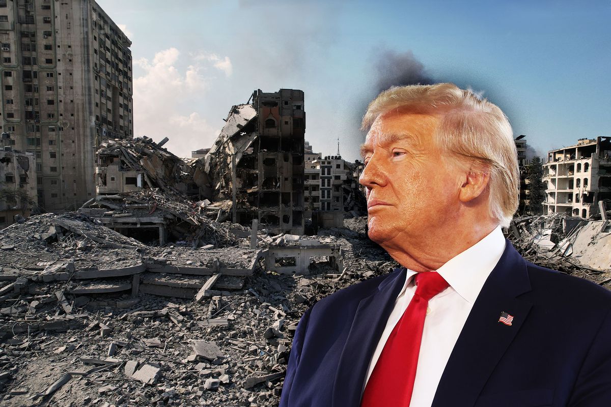 Donald Trump | An aerial view of destroyed buildings following the Israeli airstrikes in Al-Rimal neighborhood of Gaza City, Gaza on October 12, 2023. (Photo illustration by Salon/Getty Images)