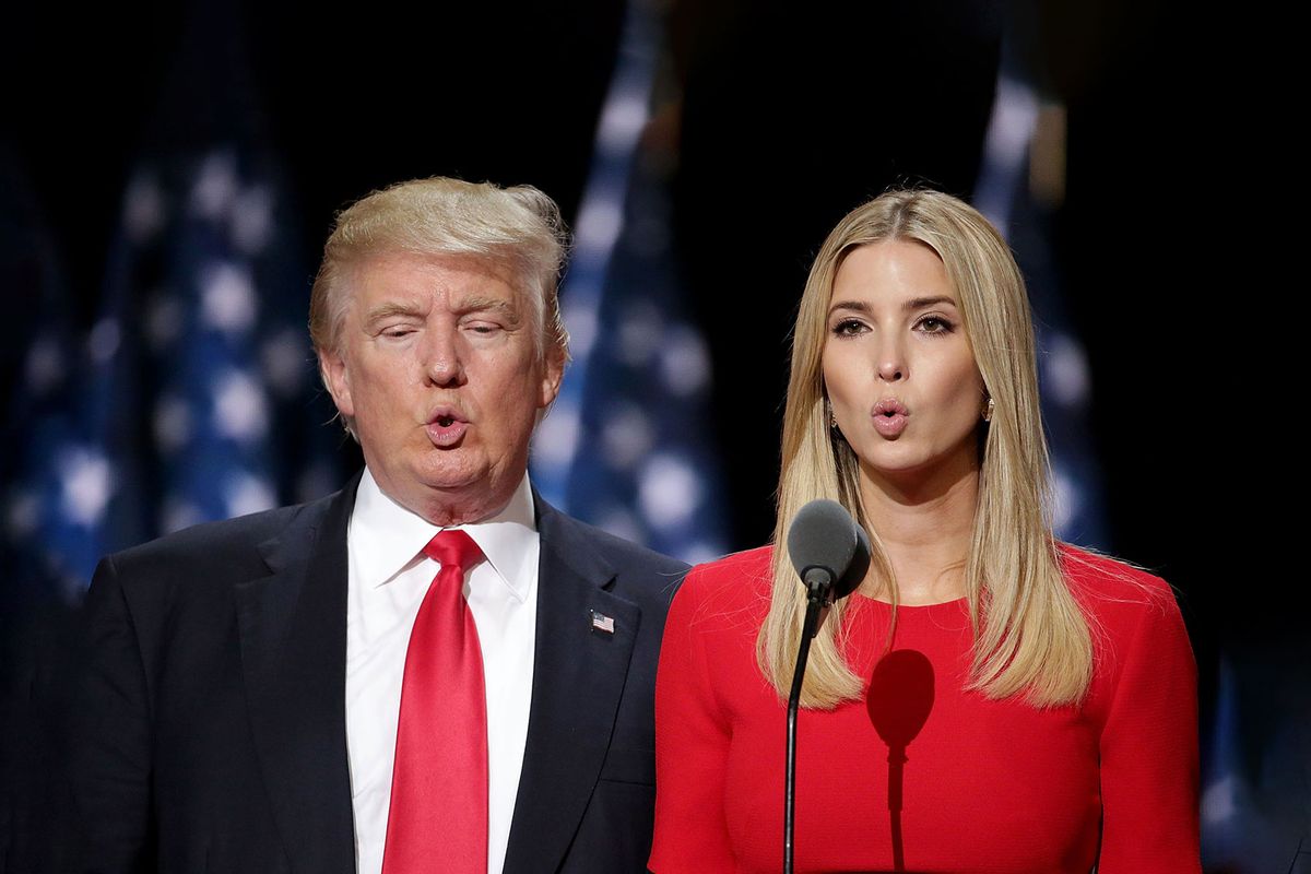 Republican presidential candidate Donald Trump and his daughter Ivanka Trump test the teleprompters and microphones on stage before the start of the fourth day of the Republican National Convention on July 21, 2016 at the Quicken Loans Arena in Cleveland, Ohio. (Chip Somodevilla/Getty Images)