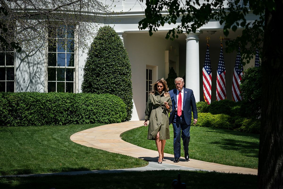 U.S. President Donald Trump and first lady Melania Trump exit the Oval Office as they arrive to participate in a tree planting ceremony in recognition of Earth Day and Arbor Day on the South Lawn of the White House on April 22, 2020 in Washington, DC. (Drew Angerer/Getty Images)