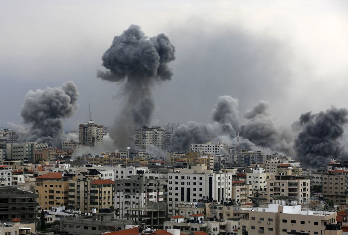 Smoke rises over the buildings as the Israeli airstrikes continue in Gaza City, Gaza on October 9, 2023. (Ashraf Amra/Anadolu Agency via Getty Images)
