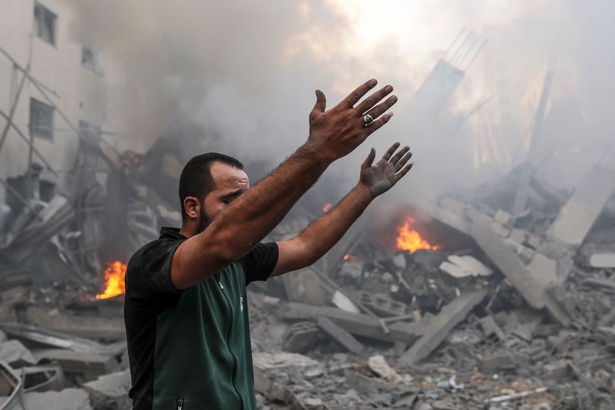 A man wails after Israeli airstrikes in Gaza City, Gaza on October 09, 2023. Search and rescue works continue. (Belal Khaled/Anadolu Agency via Getty Images)