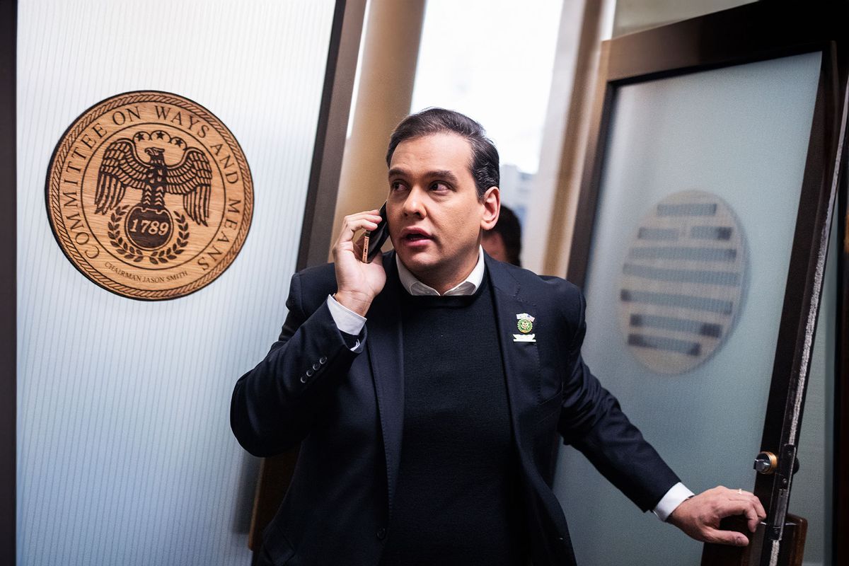Rep. George Santos, R-N.Y., leaves a House Republican Conference candidate forum for speaker meeting in Longworth Building on Tuesday, October 10, 2023. (Tom Williams/CQ-Roll Call, Inc via Getty Images)