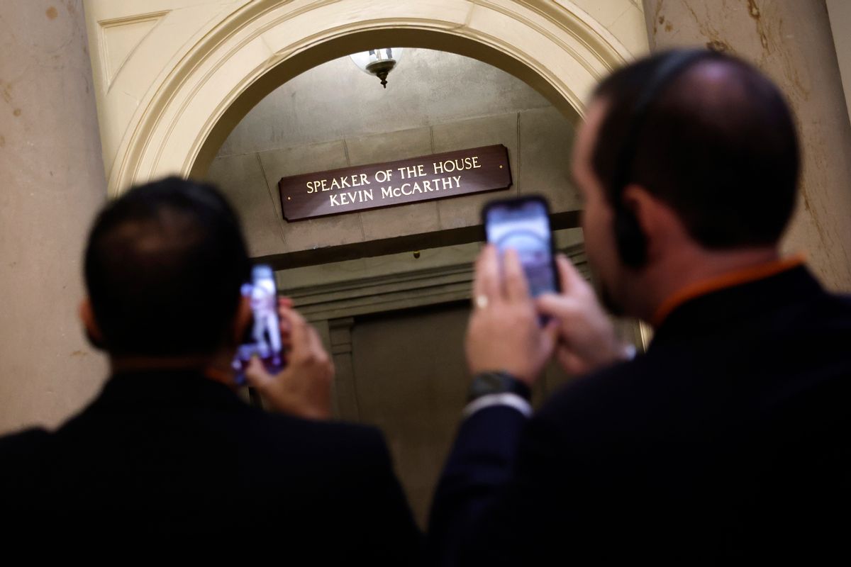 Tourists take photographs outside the offices of former Speaker of the House Kevin McCarthy at the U.S. Capitol, Oct. 4, 2023.  (Chip Somodevilla/Getty Images)