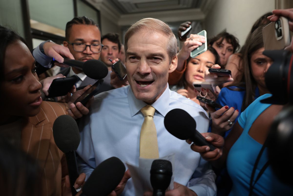 Rep. Jim Jordan, R-Ohio, speaks to reporters as House Republicans hold a caucus meeting at the Longworth House Office Building on Oct. 13. (Win McNamee/Getty Images)