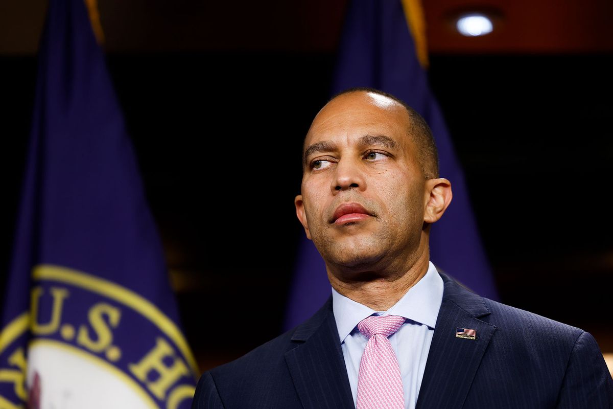 House Minority Leader Hakeem Jeffries (D-NY) listens during a news conference at the U.S. Capitol Building following passage in the House of a 45-day continuing resolution on September 30, 2023 in Washington, DC. (Anna Moneymaker/Getty Images)