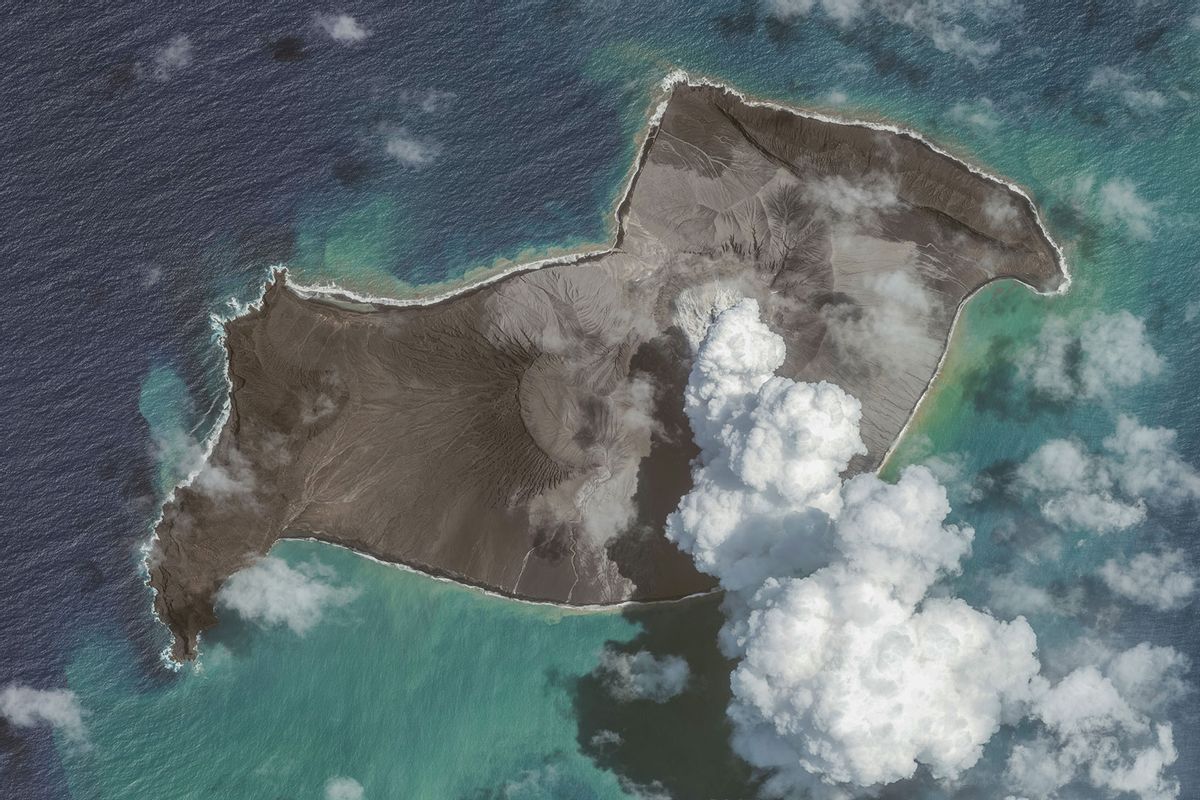 Maxar overview satellite imagery shows the Hunga Tonga-Hunga Ha'apai volcano on January 6, 2022, before the eruption on January 14th , 2022 in Hunga Tonga-Hunga Ha'apai Islands, Tonga. (Maxar via Getty Images)