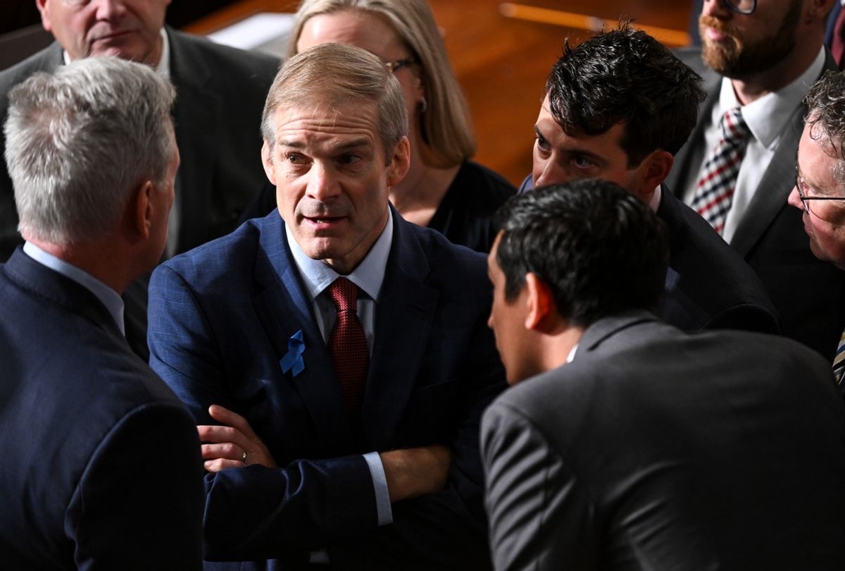 Rep. Jim Jordan (R-Ohio) speaks with Rep. Kevin McCarthy (R-Calif.) as members of the U.S. House of Representatives gather for a second round of voting for the next speaker at the U.S. Capitol on Wednesday October 18, 2023 in Washington, DC.  (Matt McClain/The Washington Post via Getty Images)