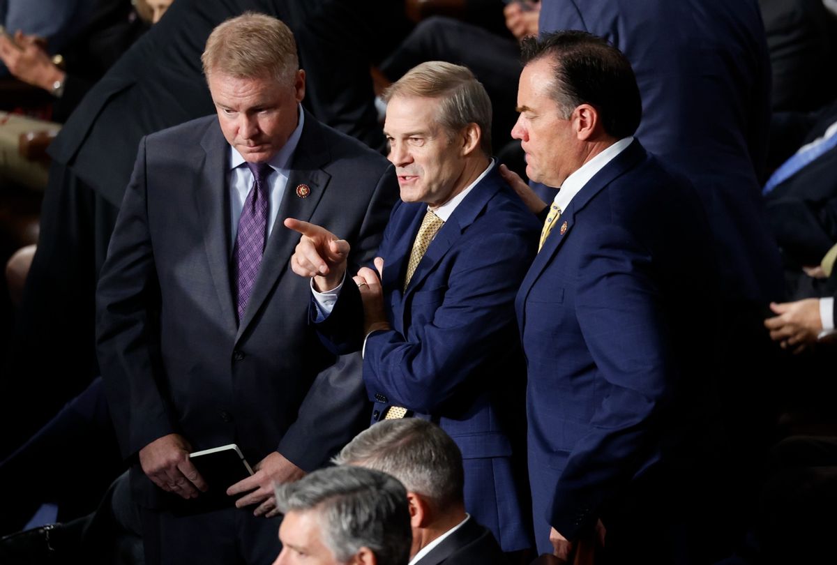 Rep. Jim Jordan (R-OH) talks with fellow lawmakers and staff as the House of Representatives meets to elect a new Speaker of the House at the U.S. Capitol Building on October 17, 2023 in Washington, DC. (Chip Somodevilla/Getty Images)