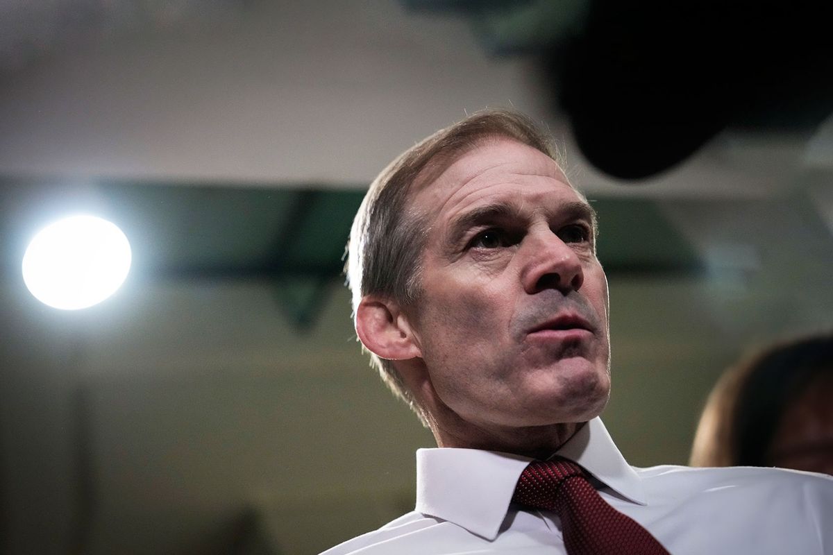 Rep. Jim Jordan (R-OH) speaks briefly to reporters as he departs a House Republican Caucus at the U.S. Capitol October 16, 2023 in Washington, DC. (Drew Angerer/Getty Images)