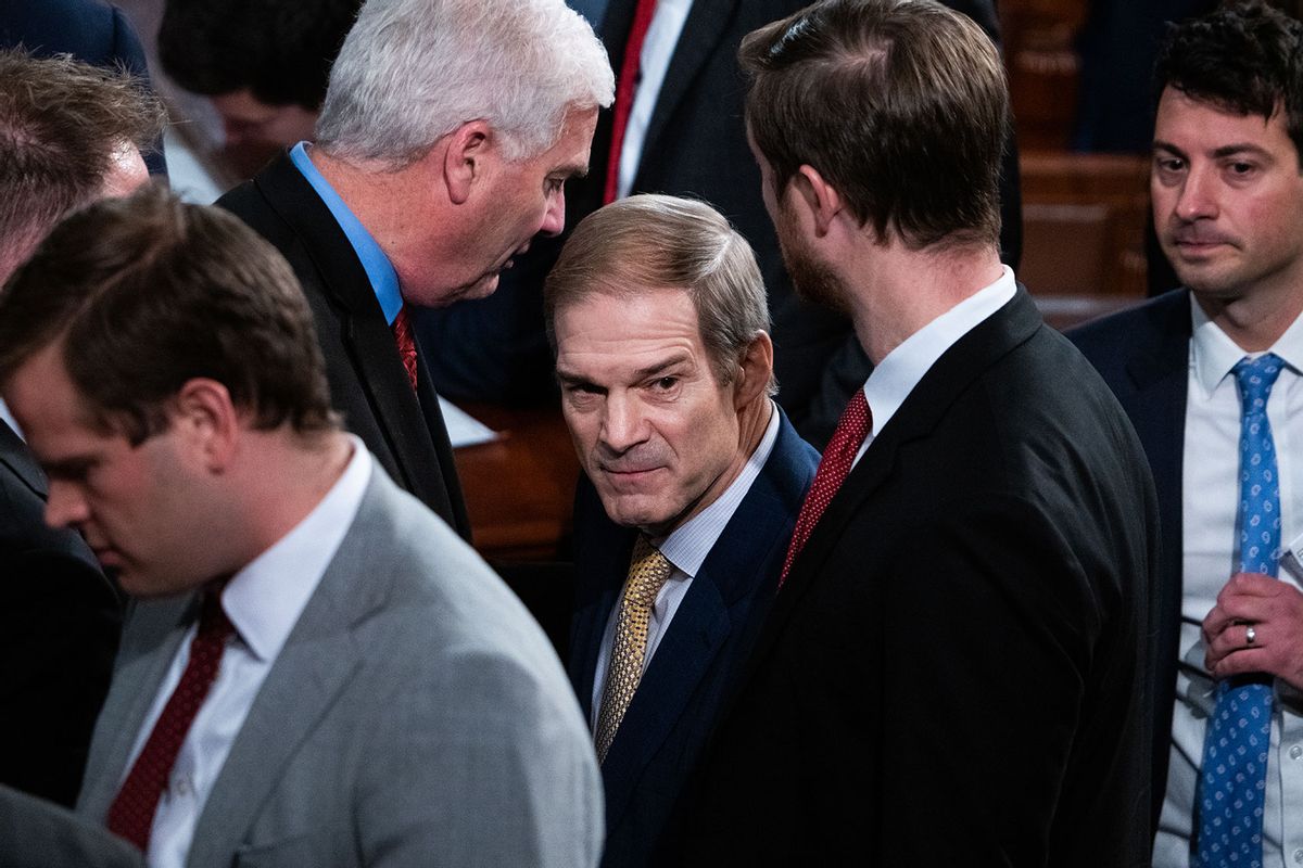 Rep. Jim Jordan, R-Ohio, center, the Republican nominee for speaker of the House, is seen on the House floor of the U.S. Capitol after he did not receive enough votes to become speaker on Tuesday, October 17, 2023. (Tom Williams/CQ-Roll Call, Inc via Getty Images)