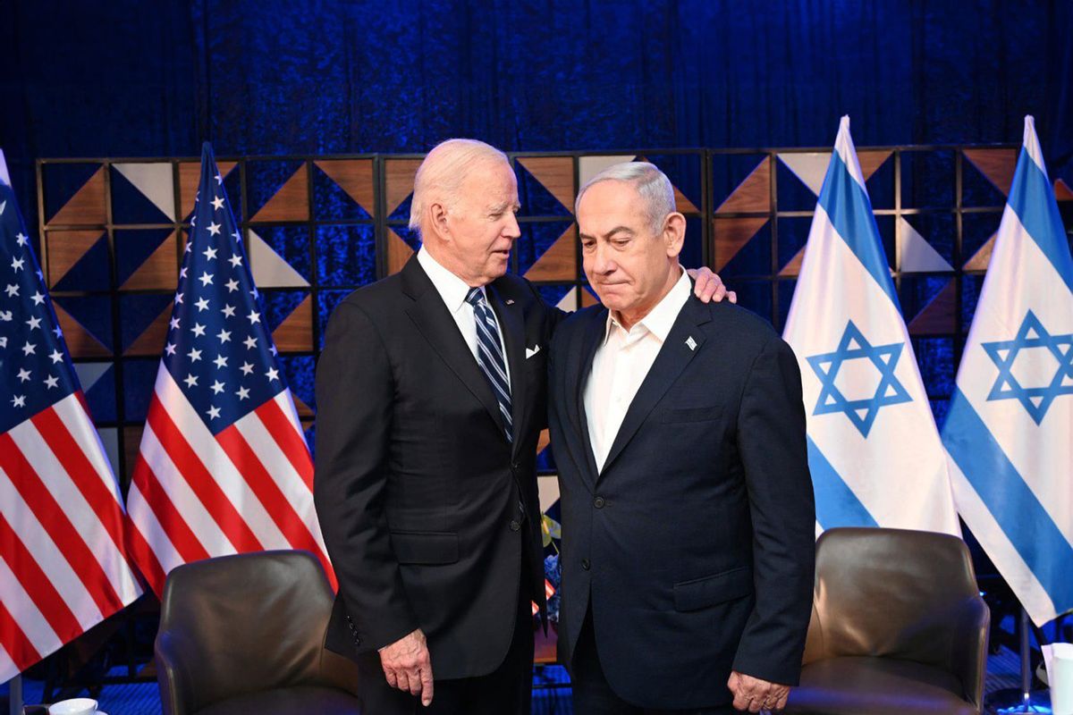 US President Joe Biden (L) and Prime Minister Benjamin Netanyahu (R) meet in Tel Aviv, Israel on October 18, 2023. (GPO/ Handout/Anadolu via Getty Images)