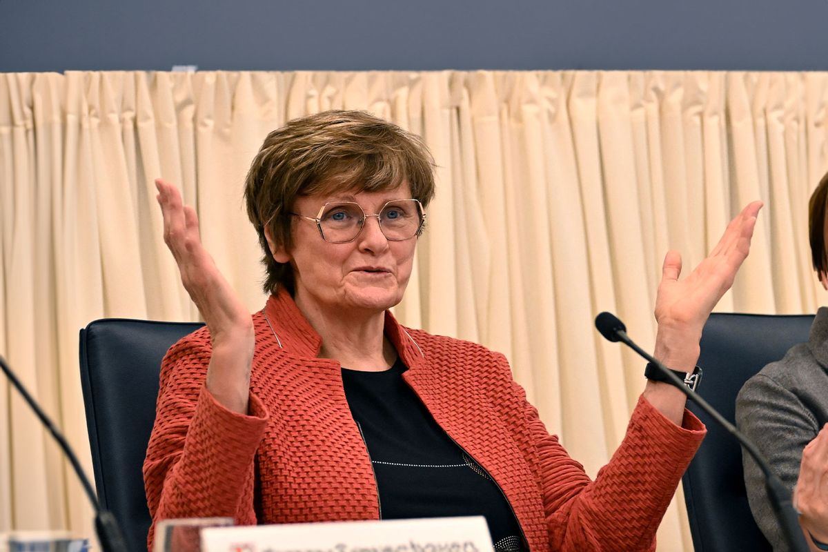 Katalin Karikó speaks during a press conference after being awarded the Nobel Prize in Medicine with Drew Weissman at The University of Pennsylvania on October 2, 2023 in Philadelphia, Pennsylvania. (Mark Makela/Getty Images)