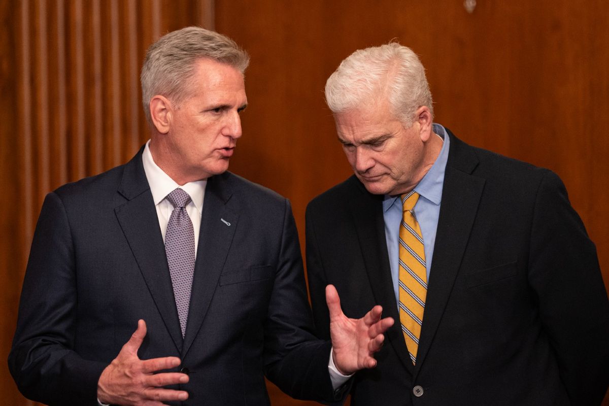 Kevin McCarthy (L) (R-CA) speaks with Majority Whip Rep. Tom Emmer (R-MN) following passage in the House of a 45-day continuing resolution on September 30, 2023 in Washington, DC.  (Nathan Howard/Getty Images)