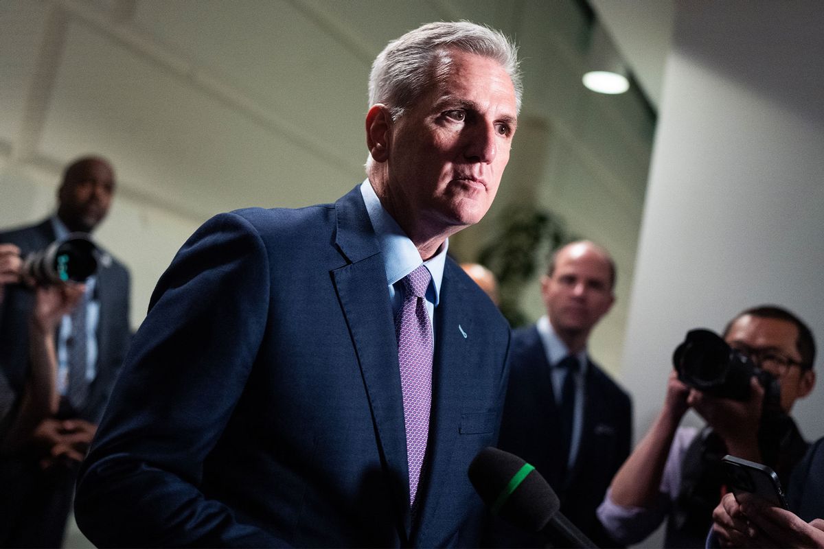 Speaker of the House Kevin McCarthy, R-Calif., talks with reporters after a meeting of the House Republican Conference in the U.S. Capitol on Tuesday, October 3, 2023. (Tom Williams/CQ-Roll Call, Inc via Getty Images)