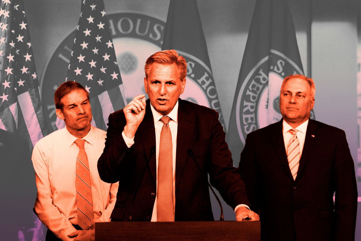 Rep. Kevin McCarthy (R-CA) speaks as Rep. Jim Jordan (R-OH) and Rep. Steve Scalise (R-LA) listen during a news conference at the U.S. Capitol May 11, 2022 in Washington, DC. (Photo illustration by Salon/Alex Wong/Getty Images)