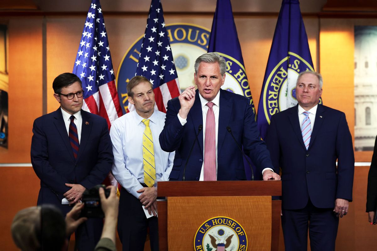 Rep. Kevin McCarthy (R-CA) speaks as (L-R) Rep. Mike Johnson (R-LA), Rep. Jim Jordan (R-OH), and Rep. Steve Scalise (R-LA) listen during a news conference at the U.S. Capitol May 11, 2022 in Washington, DC. (Alex Wong/Getty Images)