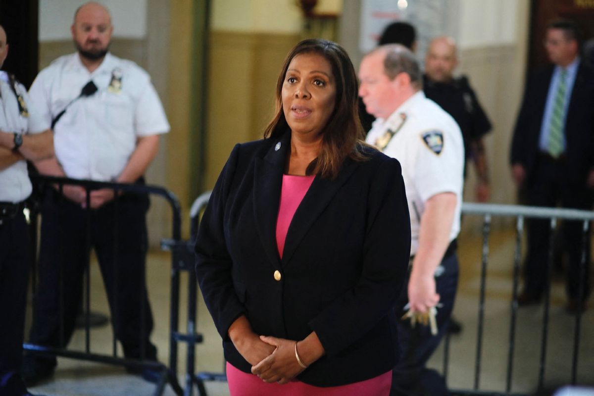 New York Attorney General Letitia James speaks to members of the media following the third day of the civil fraud trial against former US President Donald Trump, in New York on October 4, 2023.  (KENA BETANCUR/AFP via Getty Images)