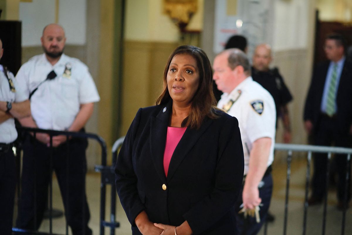 New York Attorney General Letitia James speaks to members of the media following the third day of the civil fraud trial against former US President Donald Trump, in New York on October 4, 2023. (KENA BETANCUR/AFP via Getty Images)