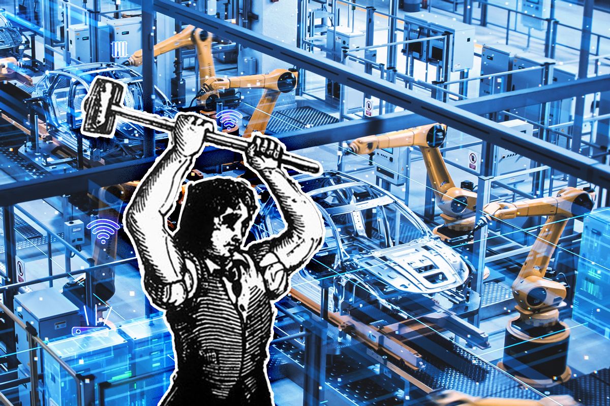 Luddite Frame-breaker wielding a hammer | Automated car building factory robots (Photo illustration by Salon/Getty Images/Wiki Commons)