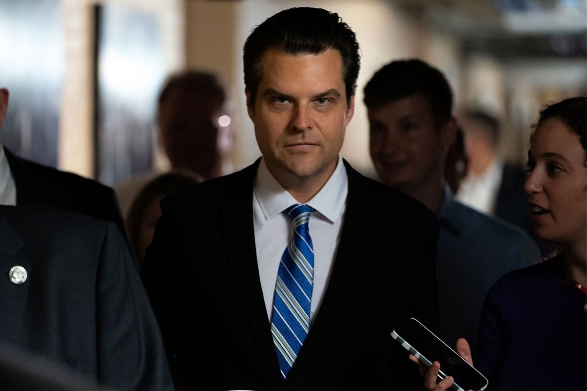 House Freedom Caucus member Rep. Matt Gaetz (R-FL) arrives for a meeting of the Republican House caucus on September 30, 2023 in Washington, DC. (Nathan Howard/Getty Images)