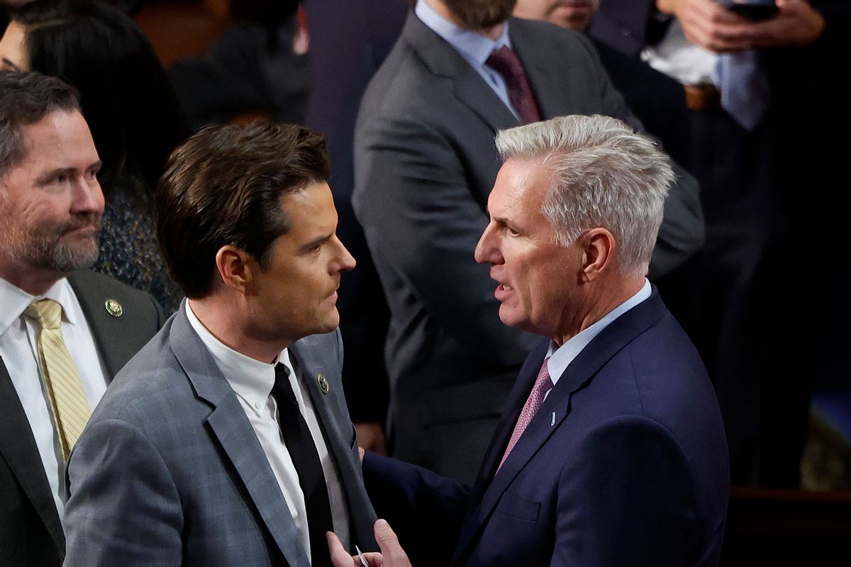 U.S. House Republican Leader Kevin McCarthy (R-CA) (R) talks to Rep.-elect Matt Gaetz (R-FL) in the House Chamber during the fourth day of elections for Speaker of the House at the U.S. Capitol Building on January 06, 2023 in Washington, DC. (Chip Somodevilla/Getty Images)