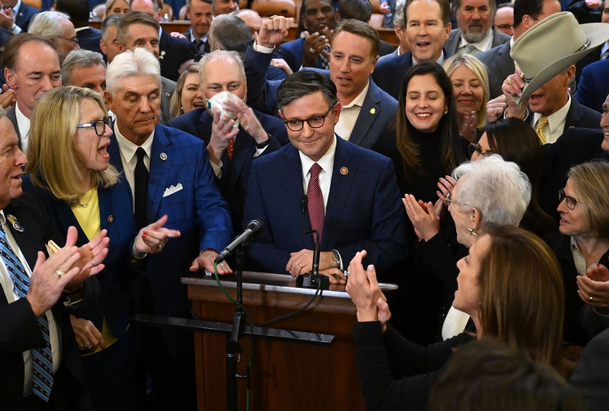 Mike Johnson (C) (R-LA) is applauded after being nominated Republican speaker of the US House of Representatives at Capitol Hill, in Washington, DC on October 24, 2023.  (SAUL LOEB/AFP via Getty Images)