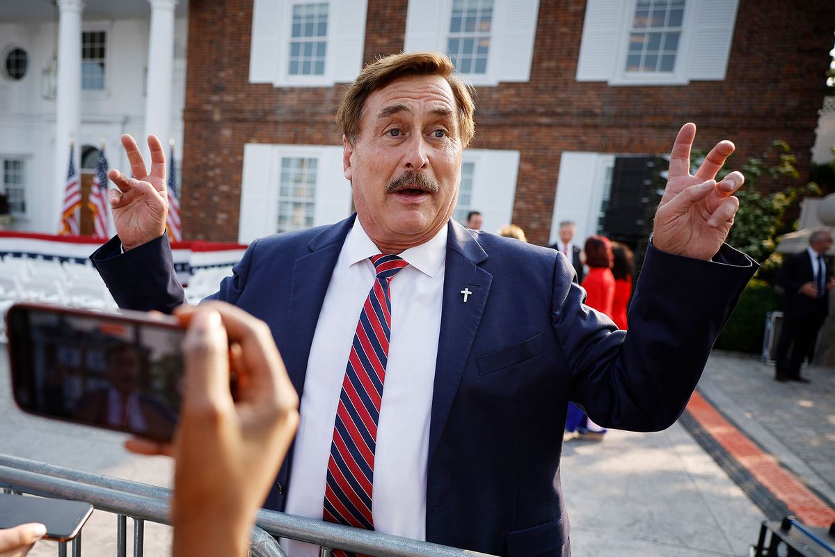 Businessman and election conspiracy theorist Mike Lindell talks with reporters outside the club house at the Trump National Golf Club hours ahead of a speech by former U.S. President Donald Trump on June 13, 2023 in Bedminster, New Jersey. (Chip Somodevilla/Getty Images)