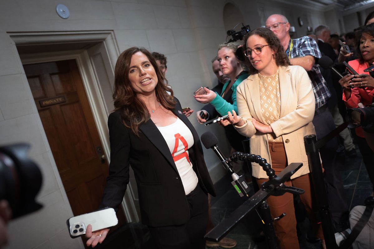 U.S. Rep. Nancy Mace (R-SC) talks to the media following a meeting of House Republicans hearing from members running for House speaker in the Longworth House Office Building on October 10, 2023 in Washington, DC. (Win McNamee/Getty Images)