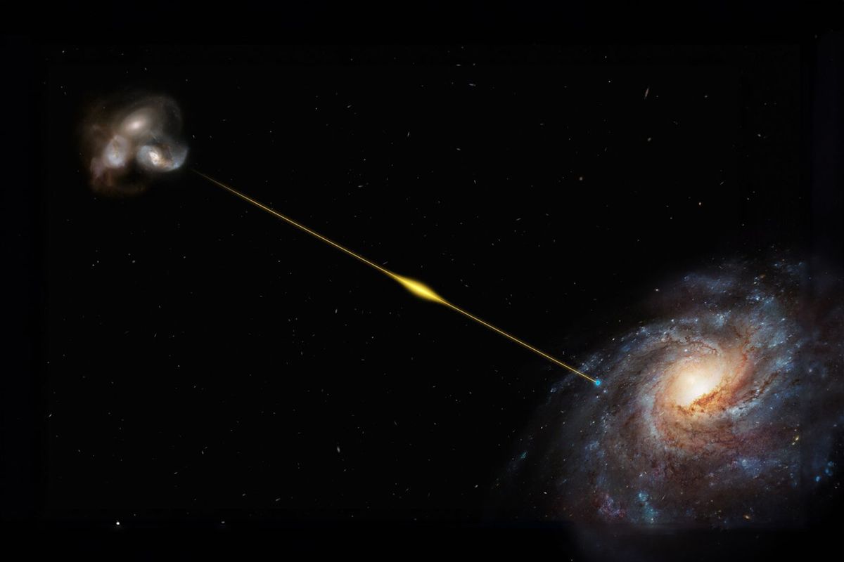 This artist’s impression (not to scale) illustrates the path of the fast radio burst FRB 20220610A, from the distant galaxy where it originated all the way to Earth, in one of the Milky Way’s spiral arms. (ESO/M. Kornmesser)